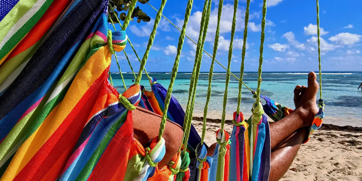 Palmiers sur une plage tropicale avec un hamac école affiche lattes Palmiers sur une plage tropicale avec un hamac école affiche lattes